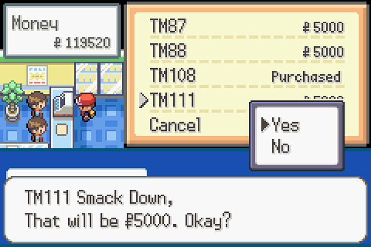 Purchasing TM111 Smack Down for 5,000 Pokémon Dollars. / Pokémon Radical Red