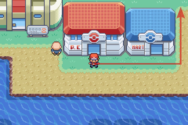 Standing outside of the Cinnabar Island Pokémon Center / Pokémon Radical Red
