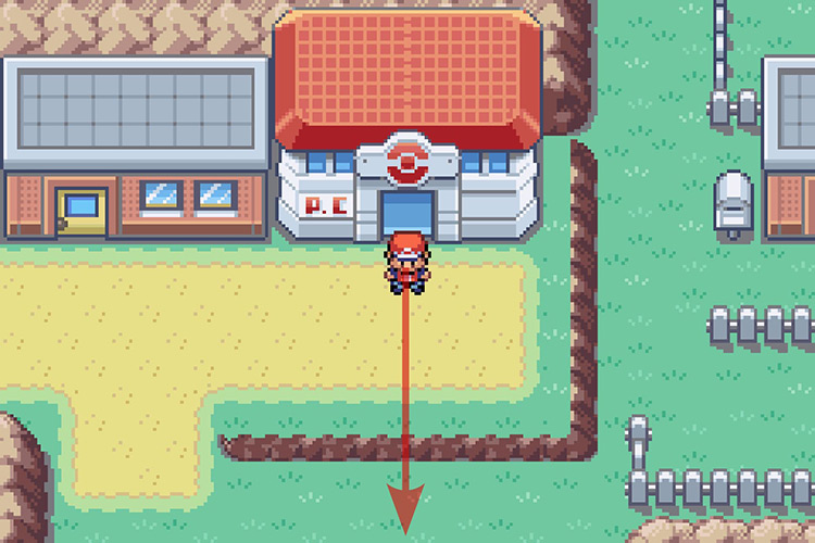Standing outside of the Fuchsia City Pokémon Center / Pokémon Radical Red