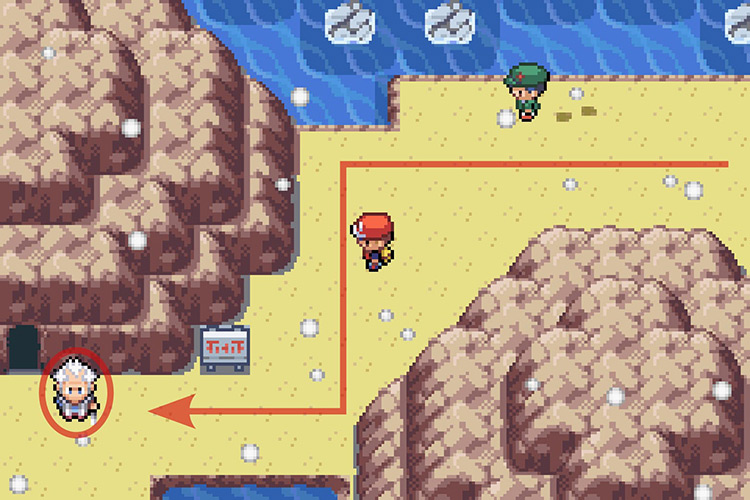 Approaching Pryce, who’s standing outside of the Seafoam Islands cave entrance / Pokémon Radical Red