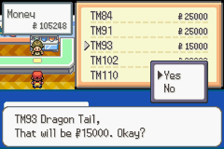 Purchasing TM093 Dragon Tail for 15,000 Pokémon Dollars. / Pokémon Radical Red