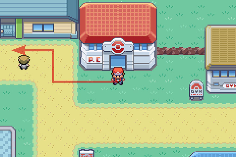 Standing outside of the Cerulean City Pokémon Center. / Pokémon Radical Red