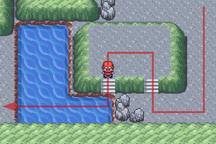 Continuing on the path by surfing across the water. / Pokémon Radical Red