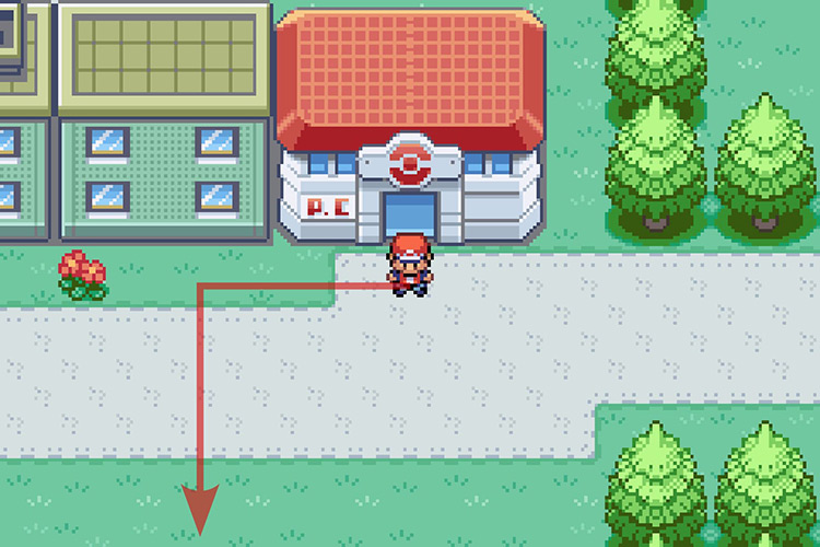 Standing outside of the Celadon City Pokémon Center. / Pokémon Radical Red