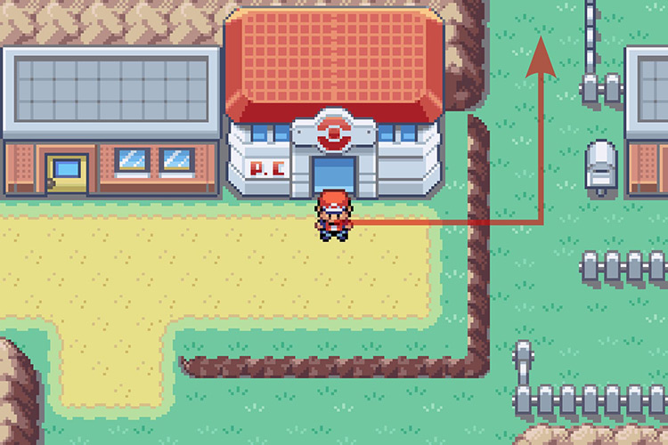 Standing outside of the Fuchsia City Pokémon Center. / Pokémon Radical Red