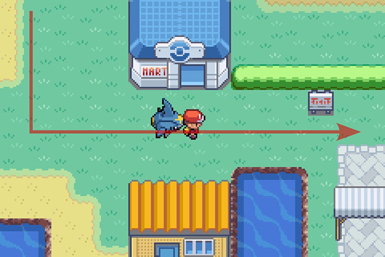 Following the path East and walking past the Poké Mart. / Pokémon Radical Red
