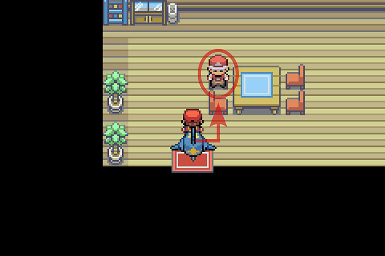 Talking to the fisherman to get the Sharpedonite. / Pokémon Radical Red