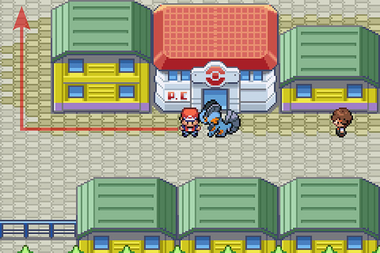 Standing outside of the Saffron City Pokémon Center. / Pokémon Radical Red