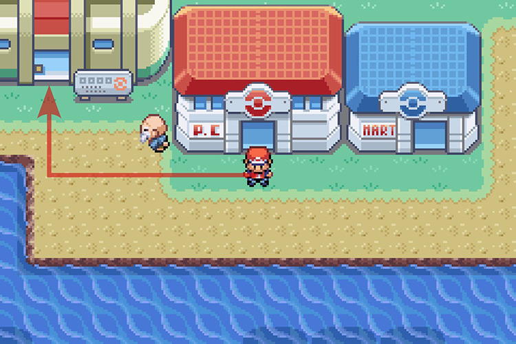 Standing outside of the Cinnabar Island Pokémon Center. / Pokémon Radical Red