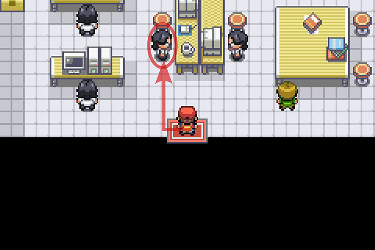 Speaking with the scientist standing on the left of the table / Pokémon Radical Red