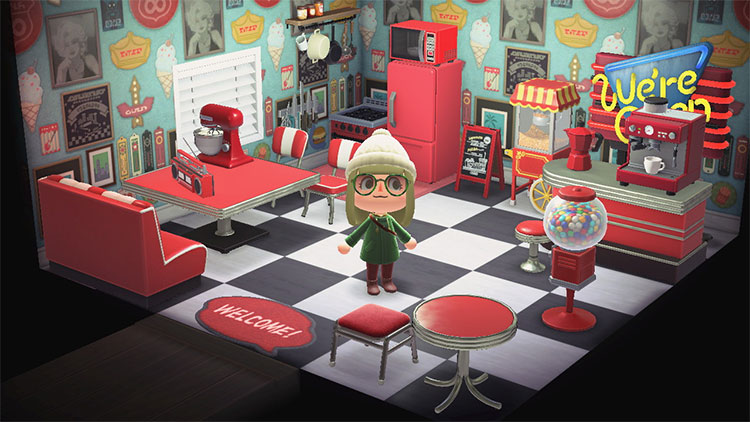 Diner-style kitchen interior for Animal Crossing: New Horizons