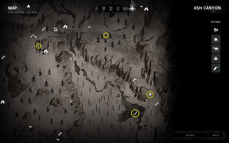 Ash Canyon map with yellow circles around rope spawn locations / TLD