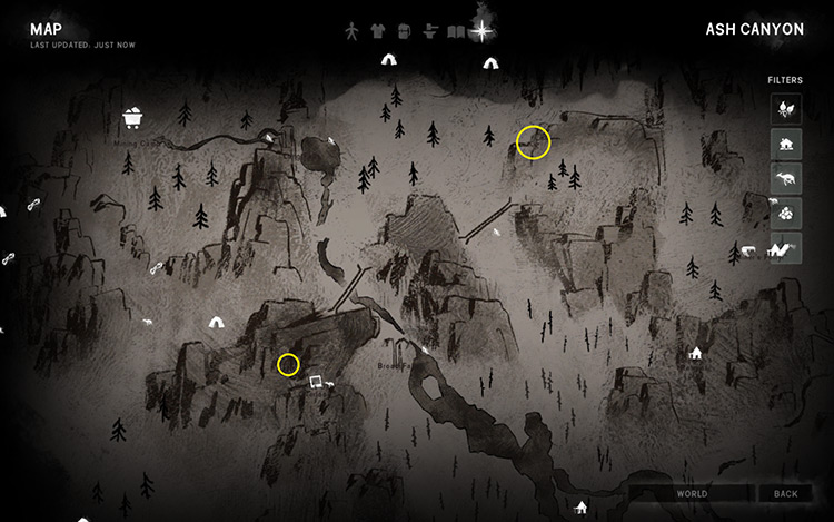Ash Canyon map with yellow circles approximating rope spawn locations / TLD