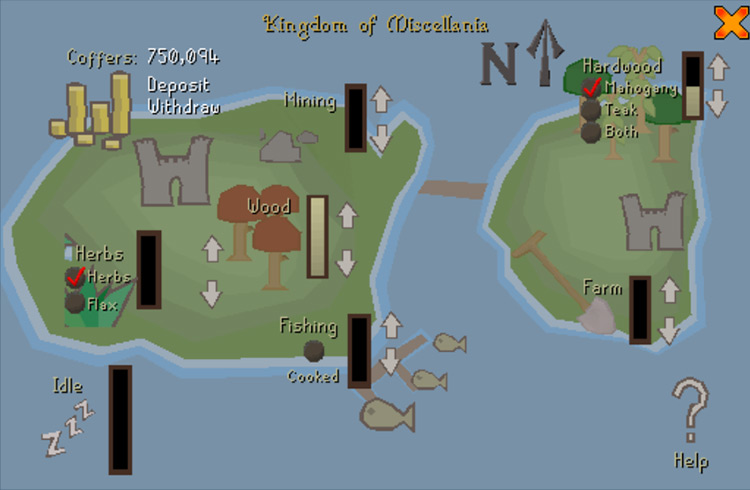 Kingdom of Miscellania management interface, with a full bar on wood and half a bar on Hardwood / OSRS
