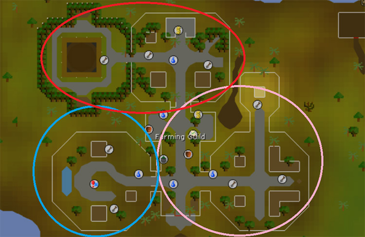 Farming Guild areas circled on the map / OSRS