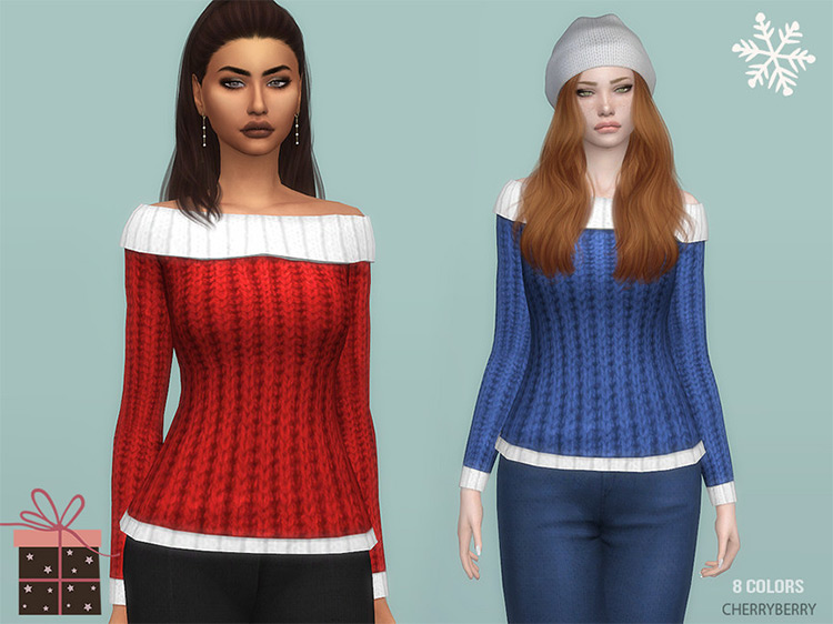 Off-Shoulder Christmas Sweater by CherryBerrySim / Sims 4 CC