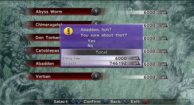 Abaddon unlock in the Monster Arena / FFX HD