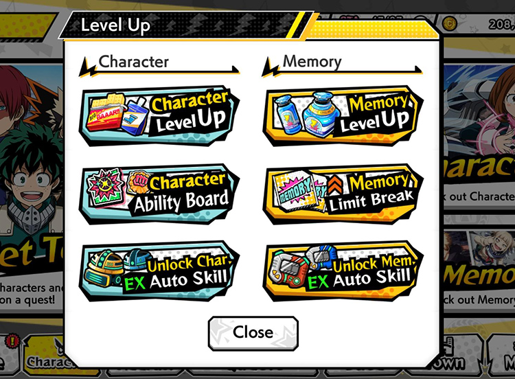 Level Up Sub-page in My Hero Ultra Impact