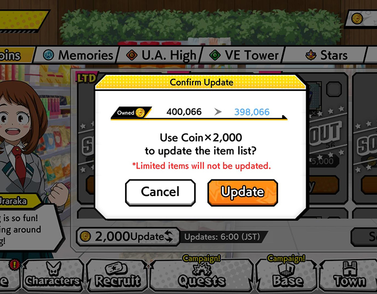 Coin Shop (Update Screen) in My Hero Ultra Impact