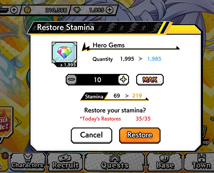 Stamina Restoration Screen in My Hero Ultra Impact