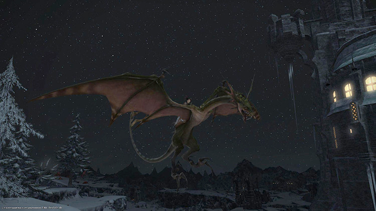 The Wyvern aloft in the snowy skies of the Falcon’s Nest / FFXIV