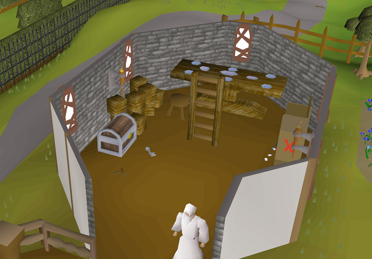 The crystal chest in Taverley with a crystal key on the floor in front of it / OSRS