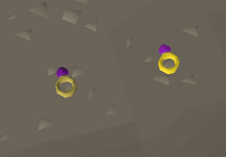 Uncharged ring of wealth (left) next to a charged ring of wealth (right) / OSRS
