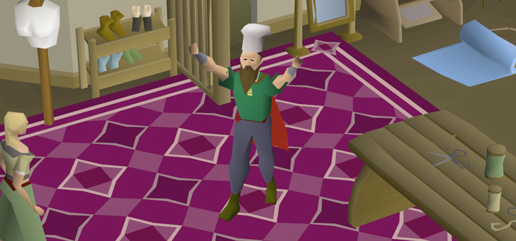 Doing the Cheer emote wearing a Chef's hat in Thessalia's Fine Clothes shop in Varrock