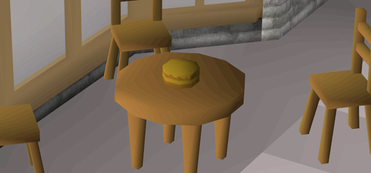Chocolate cake on a table in Edgeville bank (OSRS)