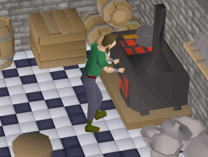 Player cooking a cake in the Lumbridge kitchen / OSRS