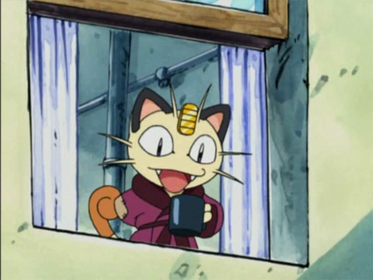 Meowth in a bathrobe in Pokemon anime
