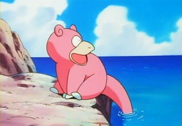 Slowpoke fishing with tail in Pokemon anime