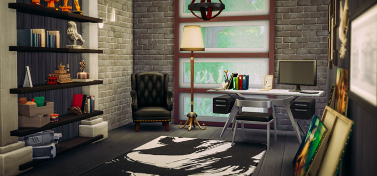 Dark modern study room design - Sims 4 lot