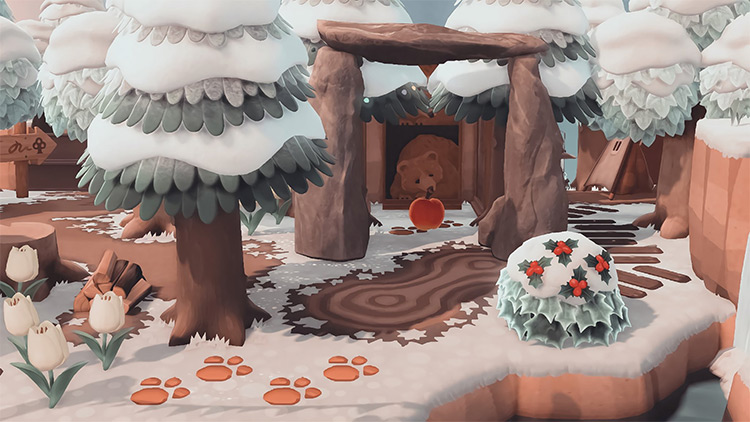 Snowy bear cave in the woods - ACNH Idea