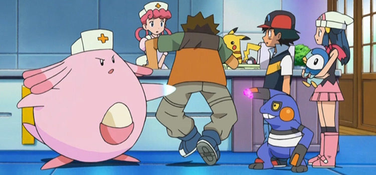 Chansey using pound on Brock in Pokémon anime