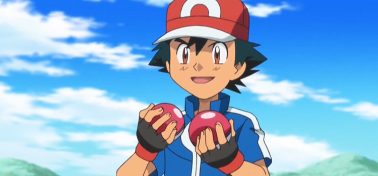 Ash Ketchum holding Poke balls in the Pokémon anime