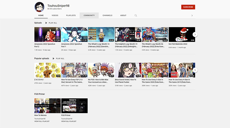 TouhouSniper98 YouTube channel page screenshot