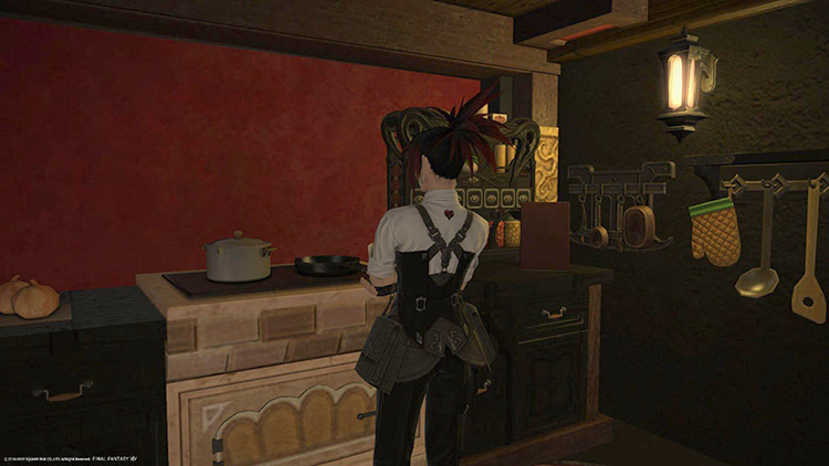 Player standing in a proper kitchen / FFXIV