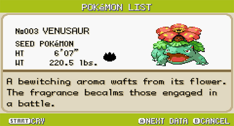 Venusaur Pokedex in Pokemon FireRed and LeafGreen screenshot