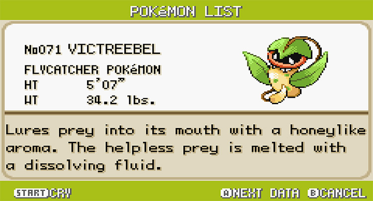 Victreebel Pokedex in Pokemon FireRed and LeafGreen screenshot