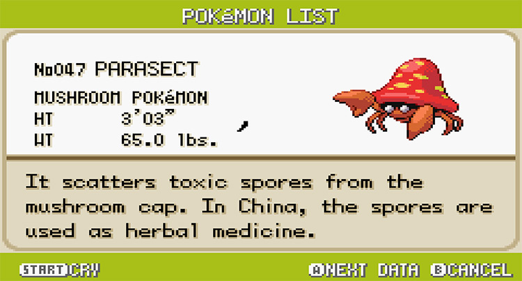 Parasect Pokedex in Pokemon FireRed and LeafGreen screenshot