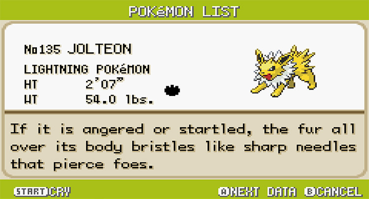 Jolteon Pokedex in Pokemon FireRed and LeafGreen