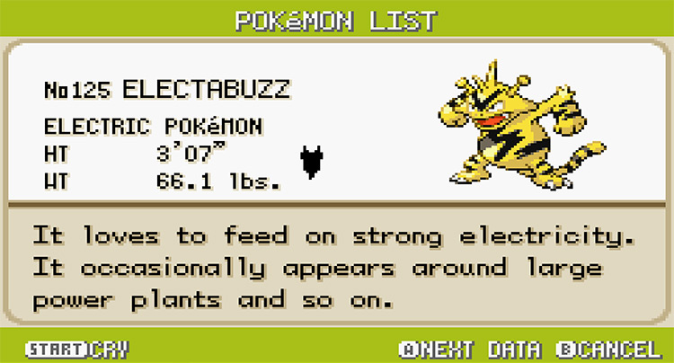 Electabuzz Pokedex in Pokemon FireRed and LeafGreen