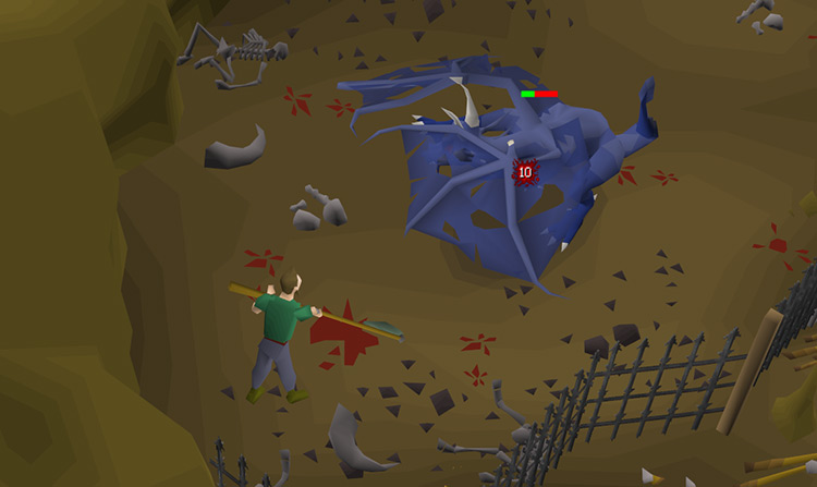 Player using an adamant halberd to kill a blue dragon from a distance under the Heroes' Guild / OSRS