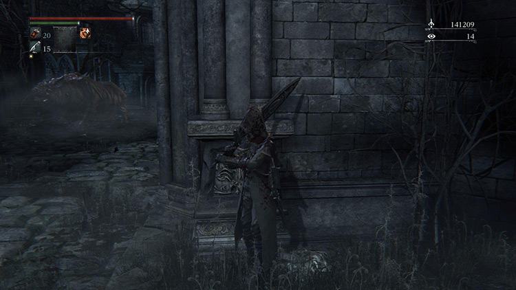 The first hiding spot - hide here after beating the first pig / Bloodborne