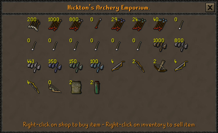 Hickton's Archery Emporium stock / OSRS