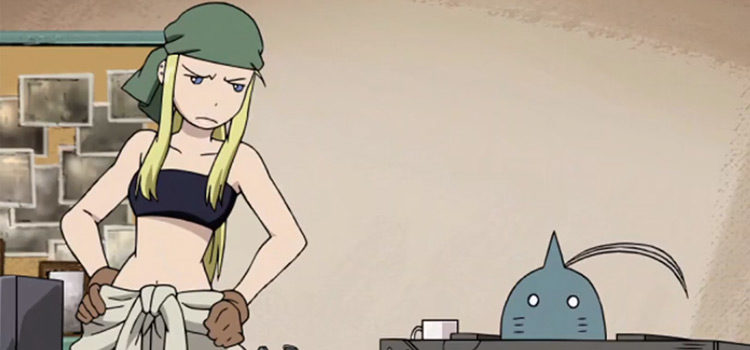Winry Rockbell in mechanic outfit - anime screenshot