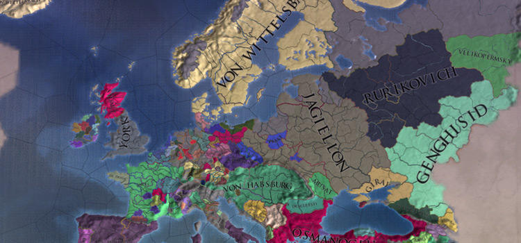 Dynastic Map Mode showing Ruling Dynasties (EU4)