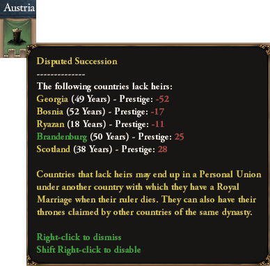 The Disputed Succession notification shows which countries lack heirs / EU4