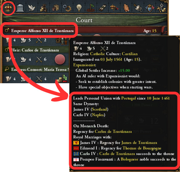 Checking your PUs, dynastic links, and royal marriages in the Court tab / EU4
